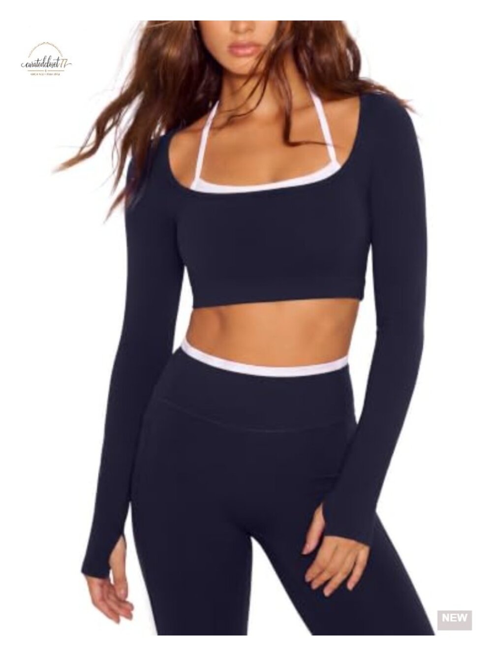 Long Sleeve Halter Tank Top & Leggings Workout Set with Pockets Thumbhole